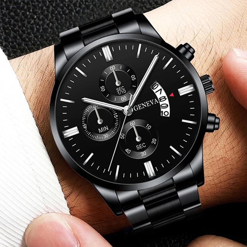 Men's Stainless Steel Quartz Watch Set with Calendar - Smarsty