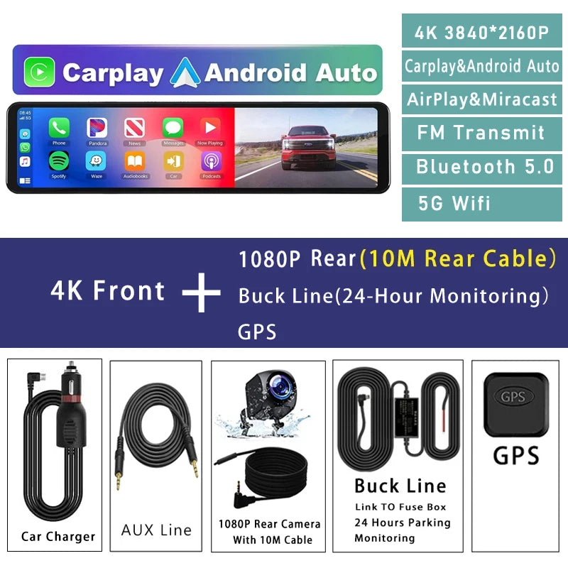 4K Dash Cam with GPS WiFi CarPlay Android Auto Mirror - Smarsty