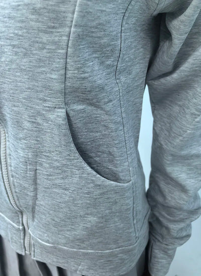 Gray Zipper Hooded Sweatshirt Women 2025 New Korean Slim Fit Cardigan Long Sleeve Coat Woman Solid Pockets Sports Hoodies Jacket - Smarsty