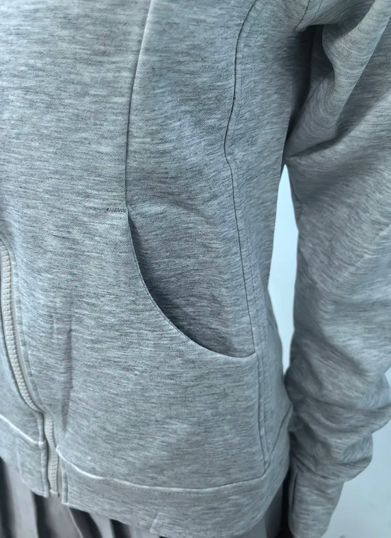 Gray Zipper Hooded Sweatshirt Women 2025 New Korean Slim Fit Cardigan Long Sleeve Coat Woman Solid Pockets Sports Hoodies Jacket
