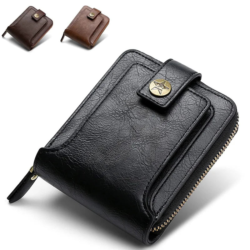 Vintage Men's Wallet PU Leather Short Purse Men Hasp Zipper Clutch Solid Color Wallets High Quality Durable Convenient Wallets - Smarsty
