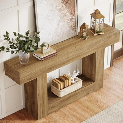Tribesigns 63" Console Table, Farmhouse 2-Tier Entryway Table with U-Shaped Base, Narrow Long Wood Sofa Table Behind Couch Table
