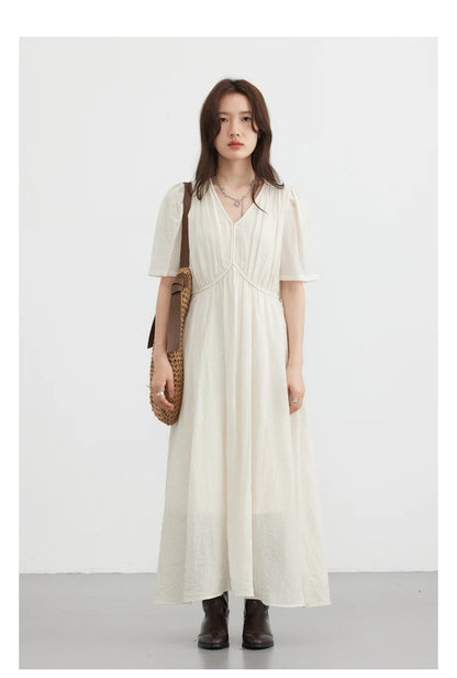 CHIC VEN Women Dresses French Style Vintage V-neck Puff Sleeve Long Dress Solid Black Loose Female Clothing Summer New 2023 - Smarsty