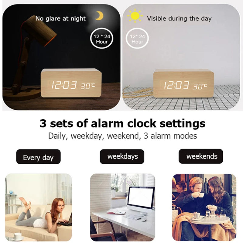 Wooden Digital Alarm Clock with Temperature Display - Smarsty
