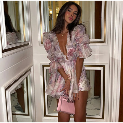 Women Mesh Patchwork Flower Print Mini Dress Elegant V-neck Short Sleeve High Waist A-line Dresses 2025 New High Street Vestidos - Smarsty
