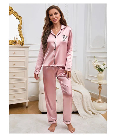 Autumn Satin Pajama for Women Heart-shaped Embroidery Sleepwear & Loungewear Long Sleeve Top & Pants Home Clothes Pyjama 2 Piece - Smarsty