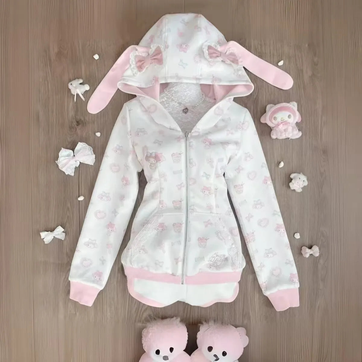 Harajuku Japanese Kawaii Sweatshirts Cartoon Rabbit Print Hoodie Y2k Pink Subculture Bow Zip Up Hoodie Women Slim Anime Hoodie