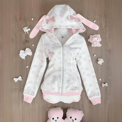 Harajuku Japanese Kawaii Sweatshirts Cartoon Rabbit Print Hoodie Y2k Pink Subculture Bow Zip Up Hoodie Women Slim Anime Hoodie