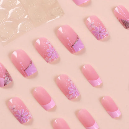 24 Pcs Short Square French Flower Nails Set - Smarsty