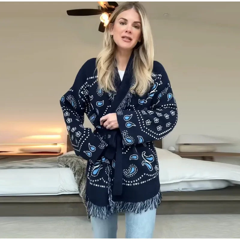 Tassel Patchwork Printed Cardigan Women Geometric Patterns Belts V-neck Long Sleeve Knitted Street Lady Sweater 2025 Autumn Coat - Smarsty