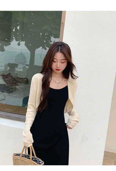 Short Ice Silk Knitted Sun Protection Cardigan Women's Thin Summer Suspender Skirt Layered Gauze Jacket Air-conditioned Cover Up - Smarsty