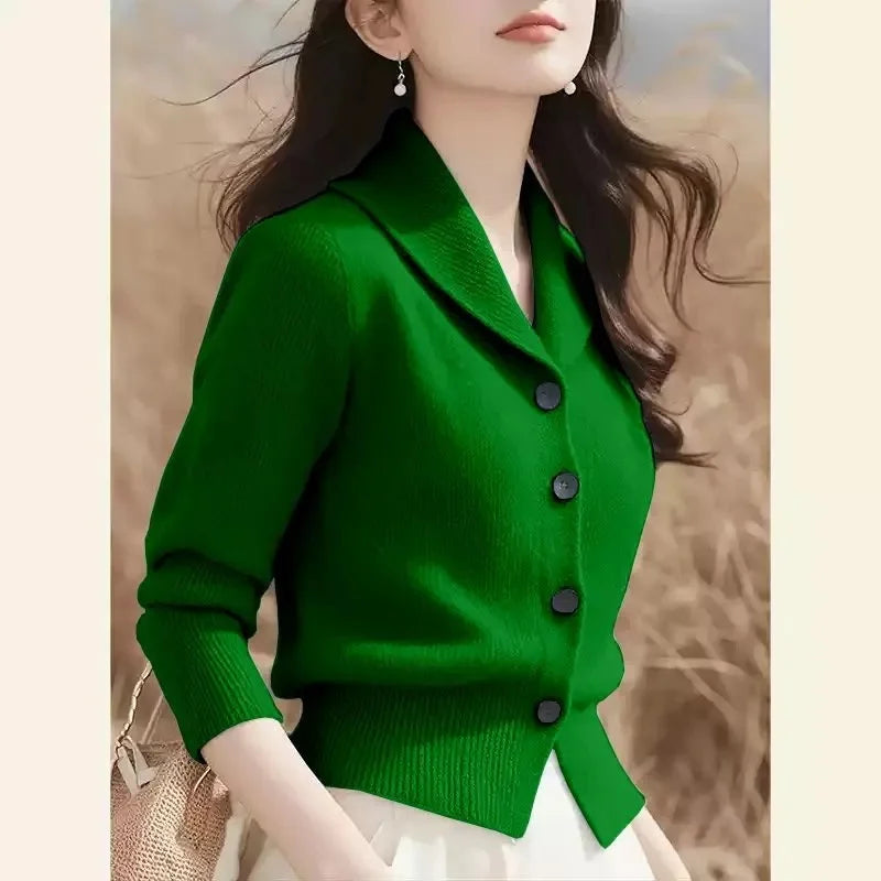 2025 New Spring Autumn Turndown Collar High End Women Knitt Cardigan Sweater Fashion Korean Version Female Knitwear Tops - Smarsty