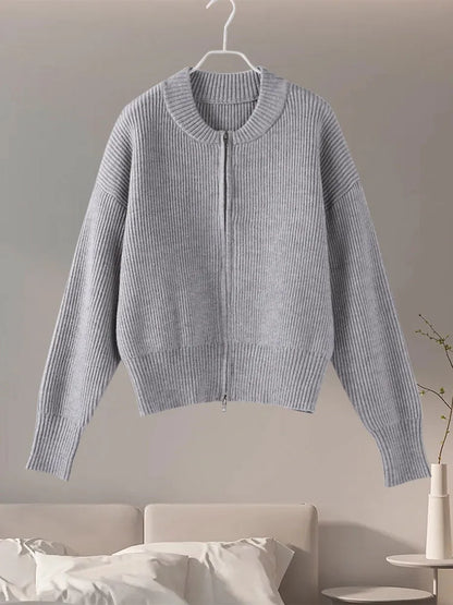 Vintage Knit Women Cardigan Casual Full Sleeve Zipper O Neck Pleated Solid Lady Sweater 2025 Autumn Fashion Female Knitwear - Smarsty