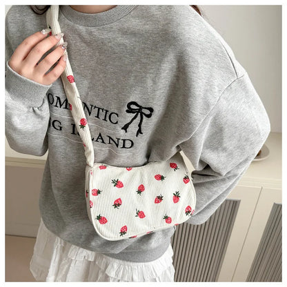 Corduroy Underarm Bag For Women Strawberry Print Mini Tote - Smarsty