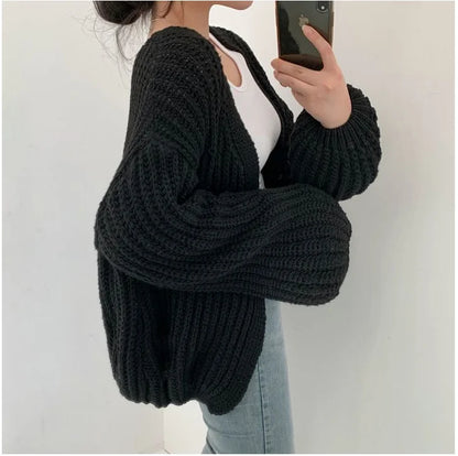 Vintage Harajuku Lantern Sleeve Women Cardigan Sweater Casual Korean Fall Streetwear Tops Coat Chic Lazy Wind Y2k Sweater - Smarsty