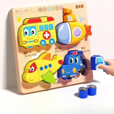 Montessori Cartoon 3D Wooden Puzzle Animal Traffic Jigsaw Toys for Kids Early Learning Educational Cognitive Game Children Gifts by Smarsty