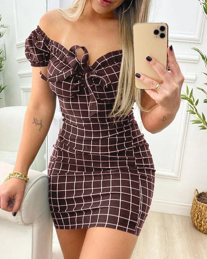 Summer dress sexy package buttocks short skirt of cross border grid print dress - Smarsty