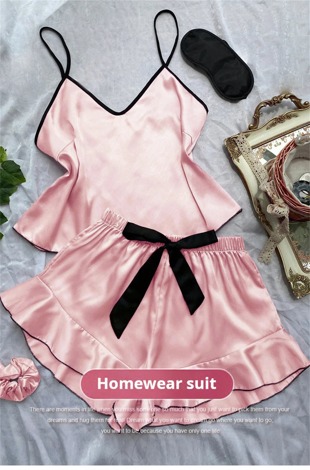 Women's Smooth Satin Pajamas V-Neck T-Shirt Ruffled Edges And Bow Shorts Simple And Breathable Pajama Set Sling Home Clothing - Smarsty