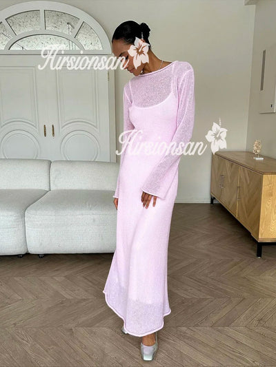 Hirsionsan Spring Autumn O-Neck Elastic Knit Long Dresses Women 2024 Elegant Chic Soft Lady Hollowing Sweater Dresses Femme New - Smarsty