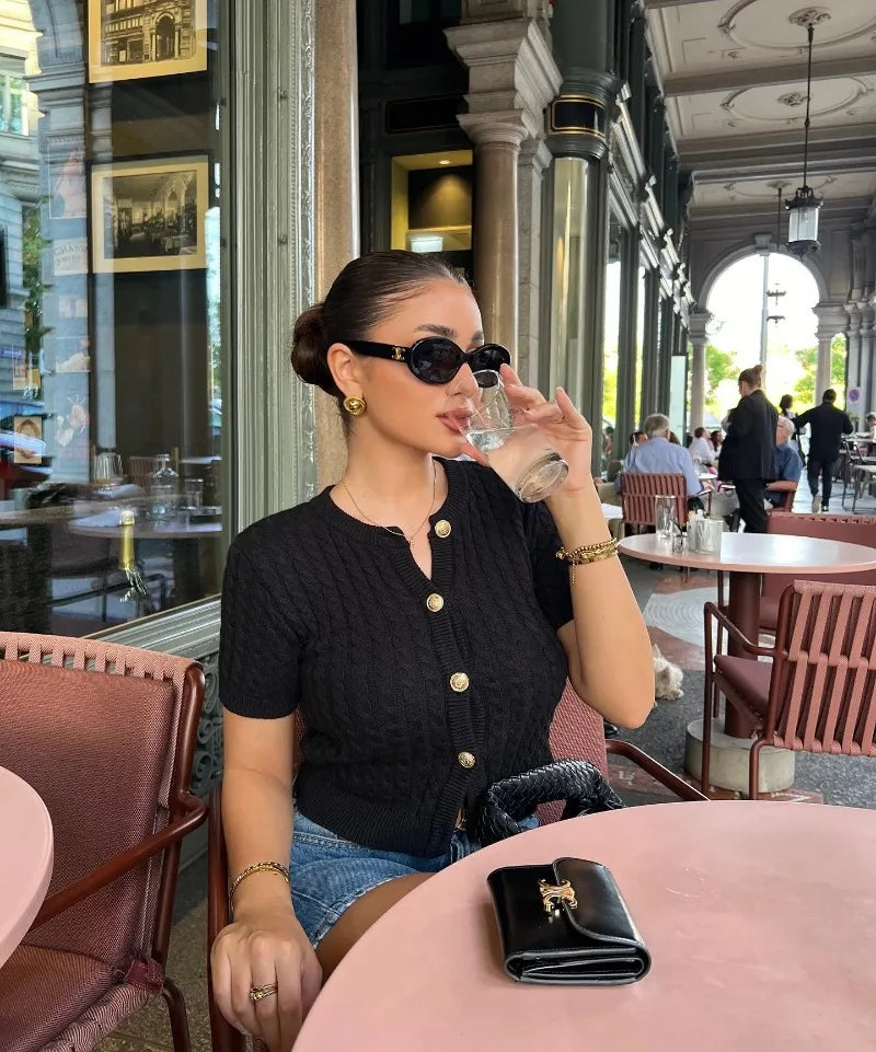Trendix Women Winter Knit Cardigan Winter Street Fashion Patchwork Ribbed Short Sleeve Sweater Autumn Commute Knitwear Crop Top - Smarsty