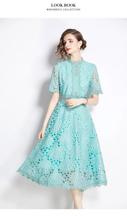 H Han Queen Spring New Elegant Casual Work Party Dresses Floral Crochet Hollow Out Lace Patchwork Casual Office Midi Dress - Smarsty