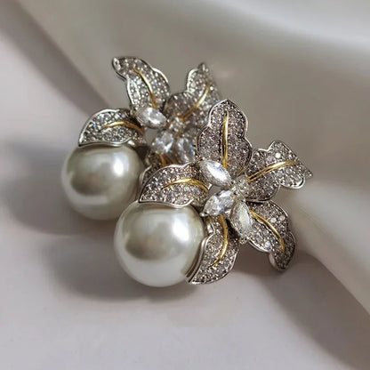 Elegant Flower Imitation Pearl Earrings With CZ Stone - Smarsty