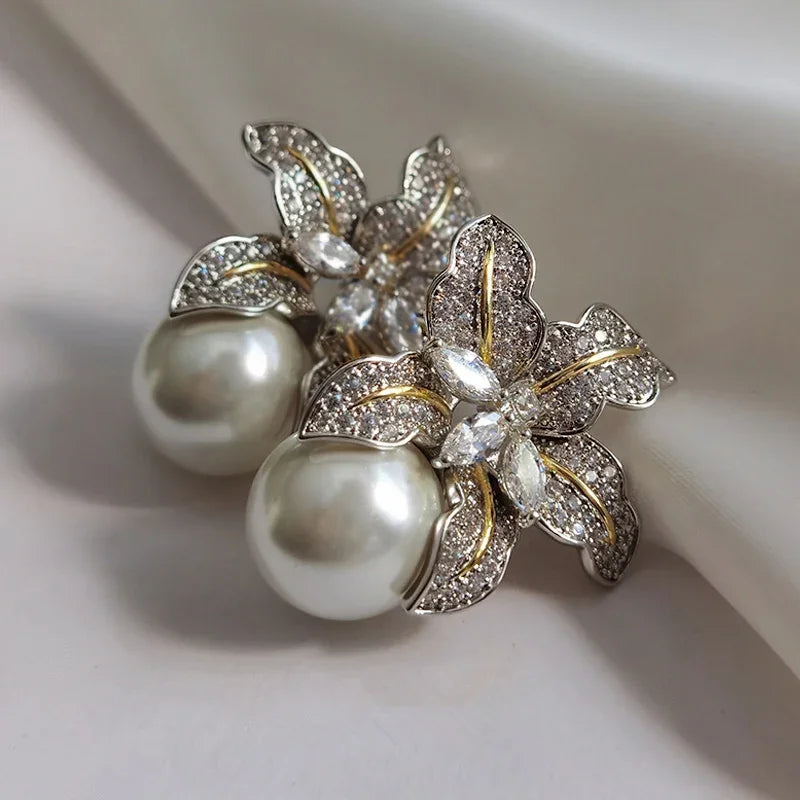 Elegant Flower Imitation Pearl Earrings With CZ Stone - Smarsty