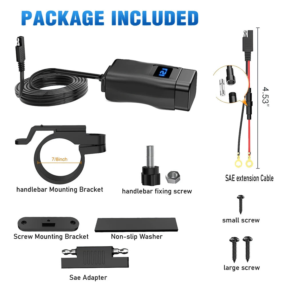 PD QC3.0 Motorcycle USB Fast Charger 60W Handlebar Dual USB Socket with Switch Voltmeter Waterproof 12V Power Supply Adapter - Smarsty