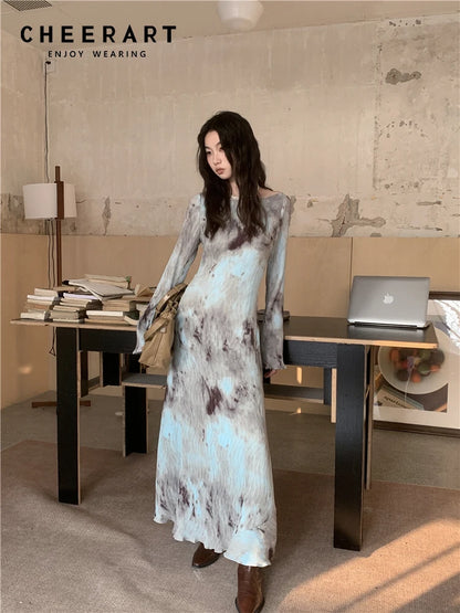 CHEERART Designer Pleate French Long Maxi Dress For Women Flare Long Sleeve Swing A Line Dress Fall Clothes - Smarsty