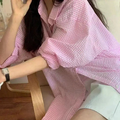Korean Women's Shirt Sunscreen Long Sleeves Shirt Summer Women's Loose Casual Single Breasted Turndown Collar Plaid - Smarsty