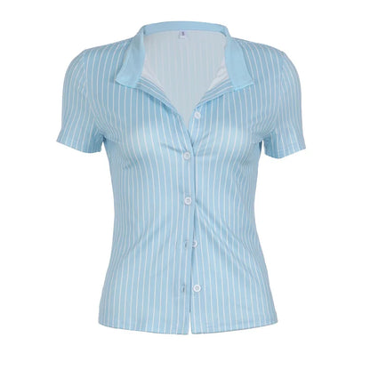Sweetown Blue Stripe Short Sleeve Shirts For Women Button Up Turn Down Collar Slim Simple Casual Preppy Tops Basic Summer Tees - Smarsty