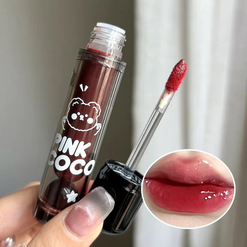 Pinkcoco Bear Doodle Mirror Lip Glaze Long Lasting Shine - Smarsty
