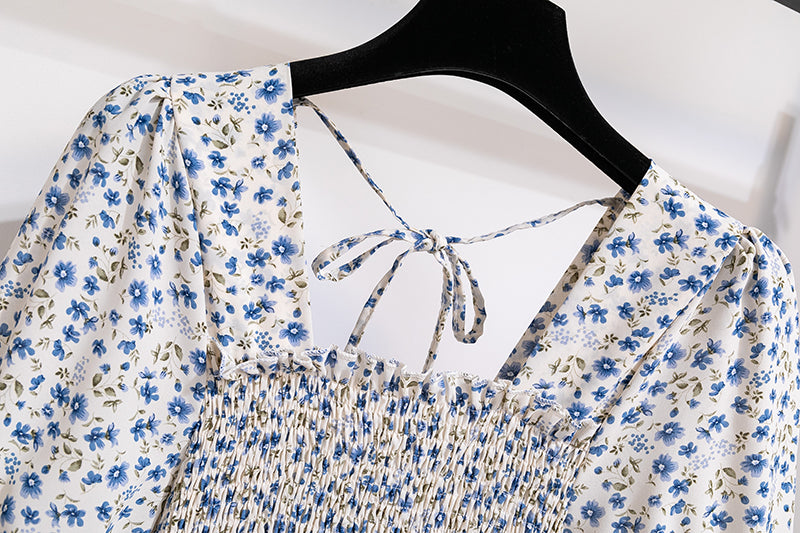 Summer Pleated Women Chiffon Dresses Casual Beach Holiday Short Sleeve Square Collar Woman Midi Dress Bohemian Mujer Vestidos - Smarsty