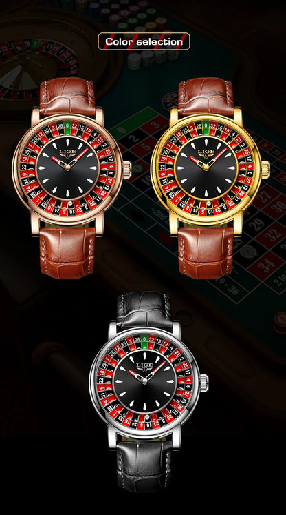 LIGE Waterproof Brown Leather Men's Roulette Watch - Smarsty