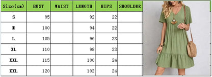 Women Summer Peplum Dresses Spring V-Neck Short Sleeve Loose Waist Ruffle Fit Flare Vocation Dresses - Smarsty