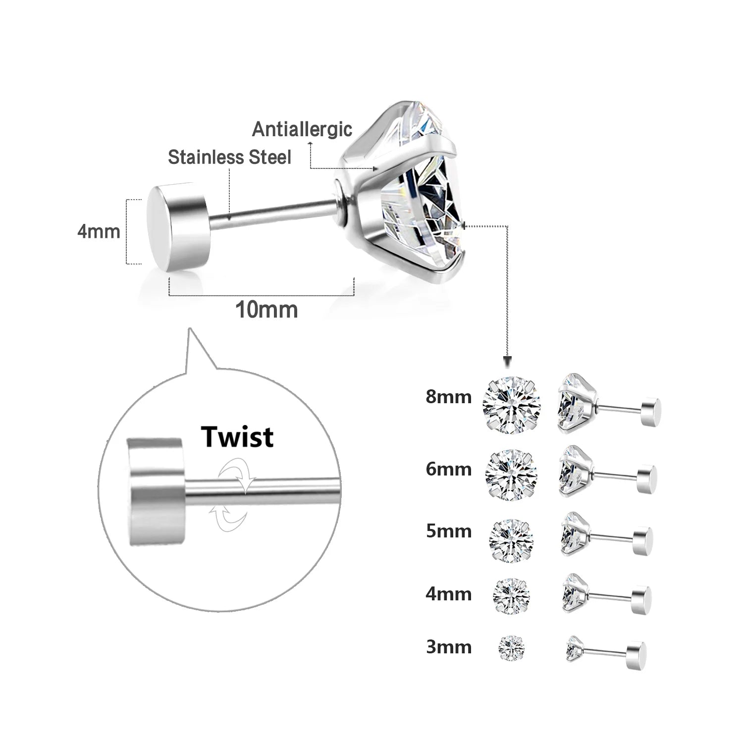 Stainless Steel CZ Stud Earrings Hypoallergenic Screw - Smarsty