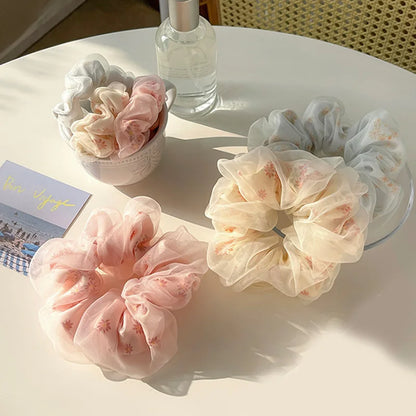 Double Layer Silk Hair Scrunchies Floral Soft Ponytail - Smarsty