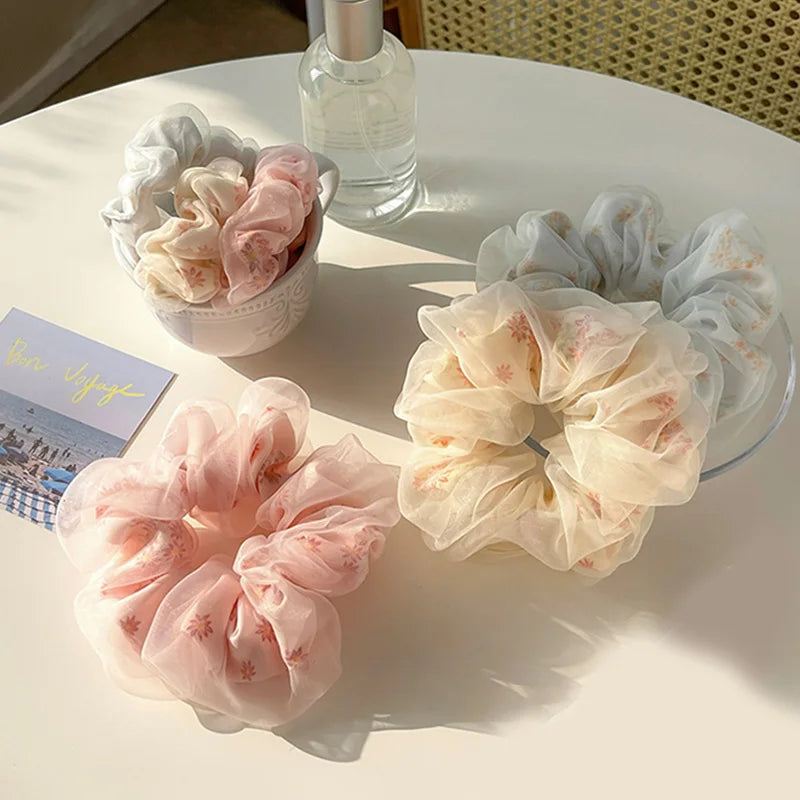 Double Layer Silk Hair Scrunchies Floral Soft Ponytail - Smarsty