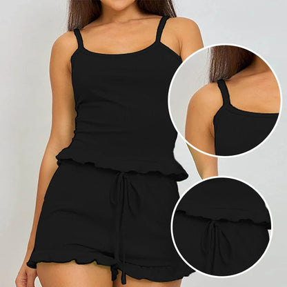 Summer Two-Piece Solid Color Sleepwear Round Neck Sexy Suspender Ribbed Knitted Pleated Vest Shorts Casual Women's Sleepwear Set - Smarsty