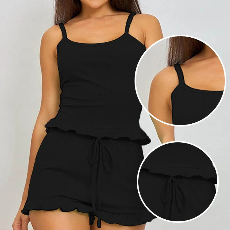 Summer Two-Piece Solid Color Sleepwear Round Neck Sexy Suspender Ribbed Knitted Pleated Vest Shorts Casual Women's Sleepwear Set - Smarsty