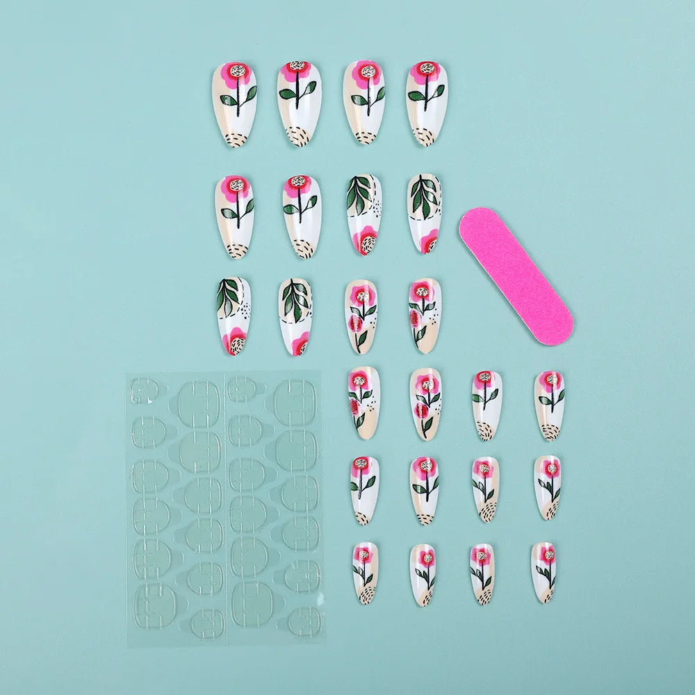 24 Piece Set Medium Long Press On Nails with Peach Flower Design - Smarsty