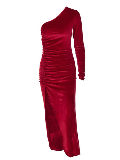 Women Elegant Long Sleeve Party Evening Velvet Bodycon Split Pencil Midi Dress Spring Autumn Clothes - Smarsty