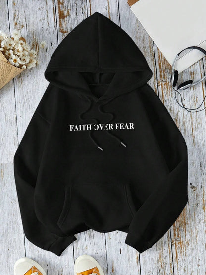 Casual Women's Hoodies Faith Over Fear Letter Printing Sweatshirts Fleece Warm Comfortable Pocket Pullovers Autumn Streetwear