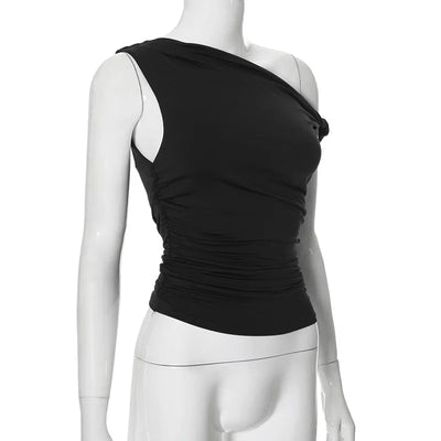Simple Basic Casual Summer Tank Top Sleeveless Solid Color Off Shoulder Side Ruched Crop Tops Vestidos Spring Women T S - Smarsty