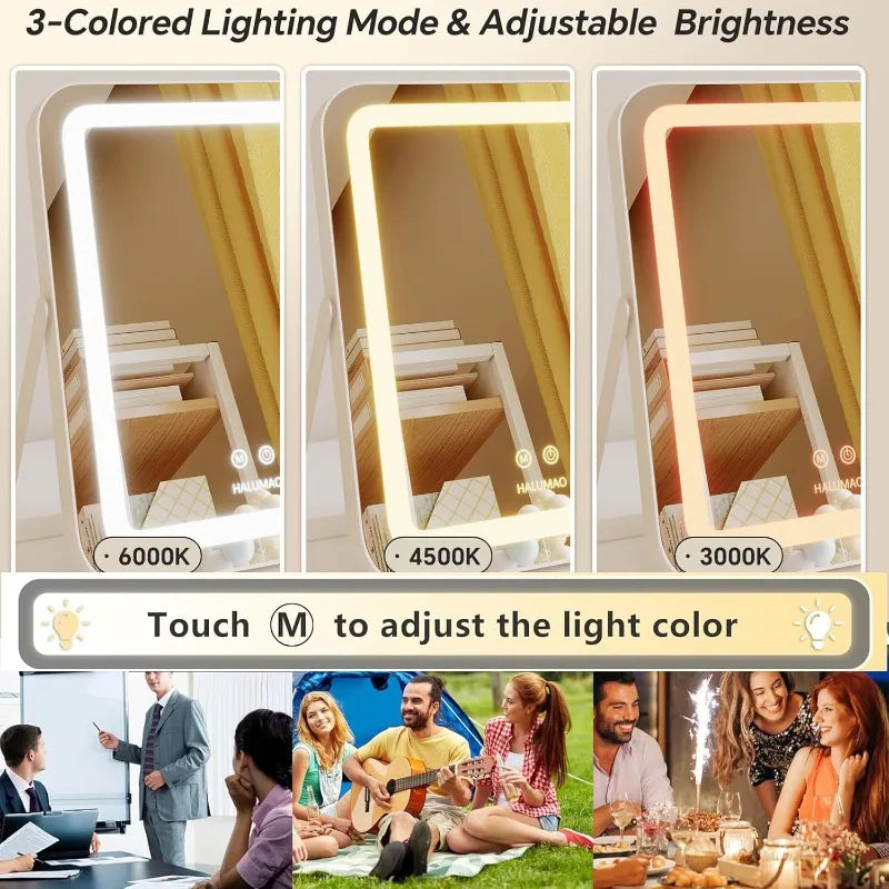 LED Vanity Mirror with 3-Color Light - 360° Rotatable, Touch Control & USB Powered, Travel & Bathroom Makeup Mirror