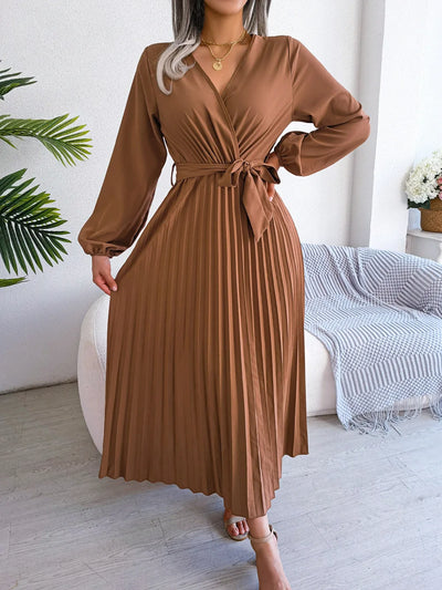 Women Elegant V Neck Long Sleeve Pleated Maxi Dress - Smarsty