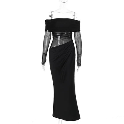 Y2k Summer New Solid Color Long Sleeve Off Shoulder Dresses Sexy Wrap Hip Mesh See Through Ruched Patchwork Long Dress 2024 New - Smarsty