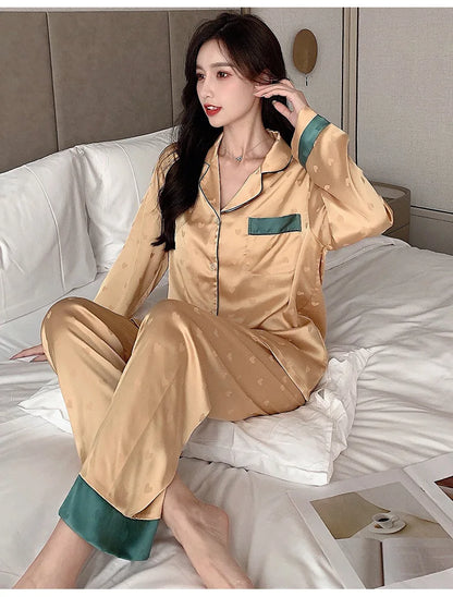 Top Autumn New Ice Silk Women Pajama Lapel Button Cardigan Outfits for Women 2 Piece Set Fashion Printing Set Clothes for Women - Smarsty