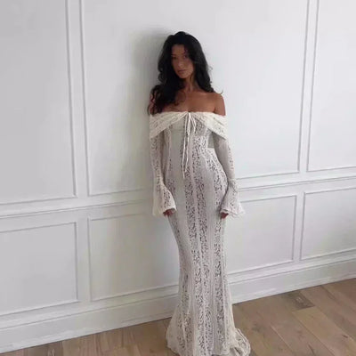 Suninheart White Off The Shoulder Autumn Bodycon Dress 2025 Long Sleeve Elegant Lace Maxi Dress Wedding Guest Dress for Women - Smarsty