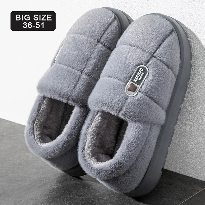 Men's slippers Winter Solid Color Wrap Heels Plush Slippers Non-slip Warm Women Men Home Casual Cotton Shoes Big Size 50 51 - Smarsty